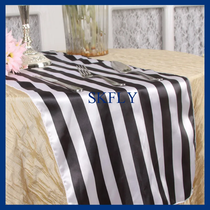 

RU010A Birthday party new wedding black and white stripe satin table runner