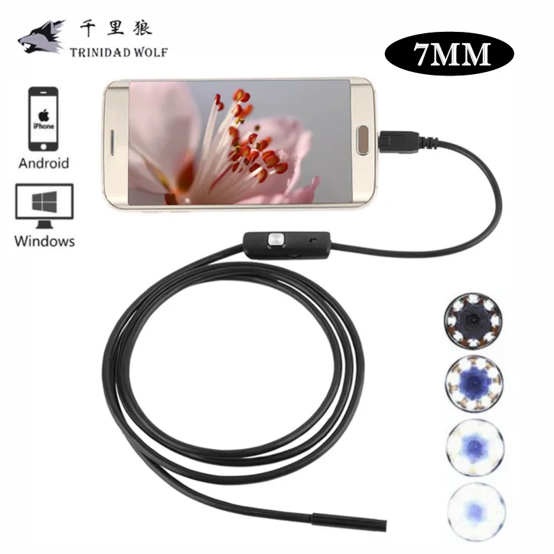 TRINIDAD WOLF 7MM 6 LED Lens USB PC Android Endoscope Waterproof Endoscopy Inspection Borescope Camera with 1m 1.5m 2m 3.5m 5m