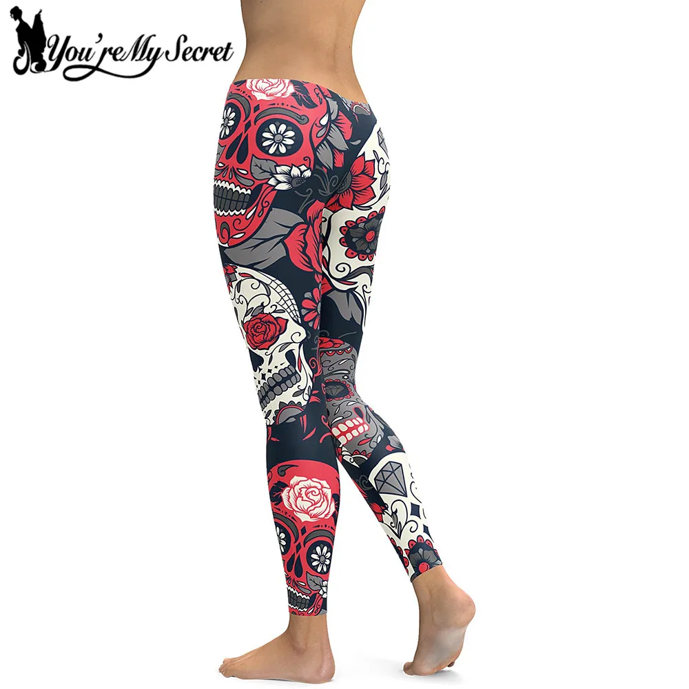 

[You're My Secret] Skull Red Flowers Leggings Sexy Rose 3D Digital Printed Women Leggins Fitness Soft Slim Mujer Workout Pants