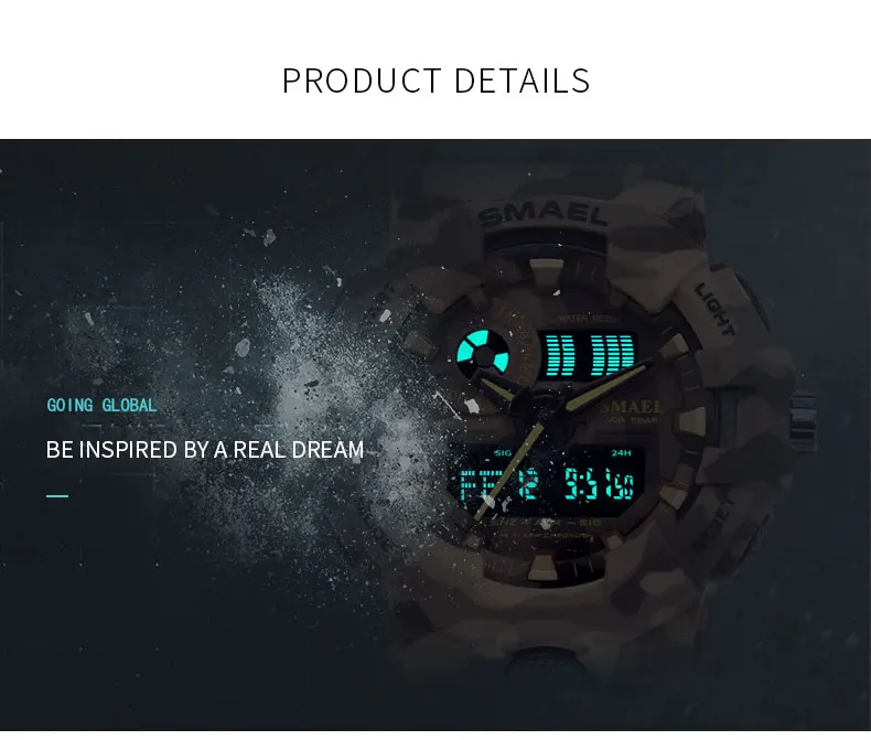 Новые камуфляжные часы с ремешком SMAEL Мужские Цифровые часы с большим циферблатом модные камуфляжные военные часы 8001 мужские армейские часы водонепроницаемые часы