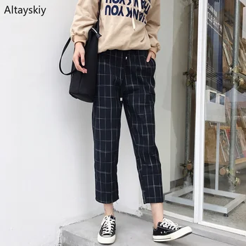 

Pants Women Plaid Retro Simple All-match Korean Style Leisure Daily Pockets BF Soft Pants Womens Trendy Ulzzang Trousers New