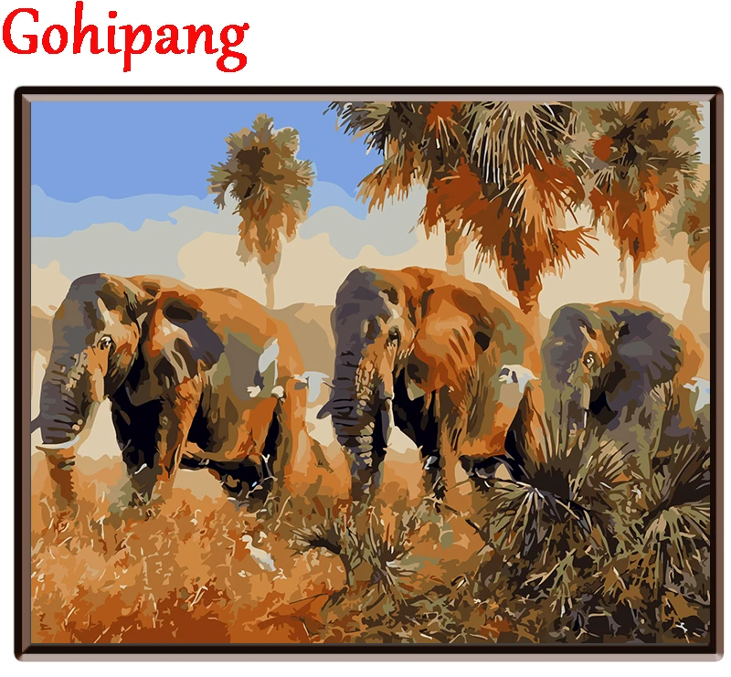 African elephants Oil paintings by numbers with frame Landscape unique