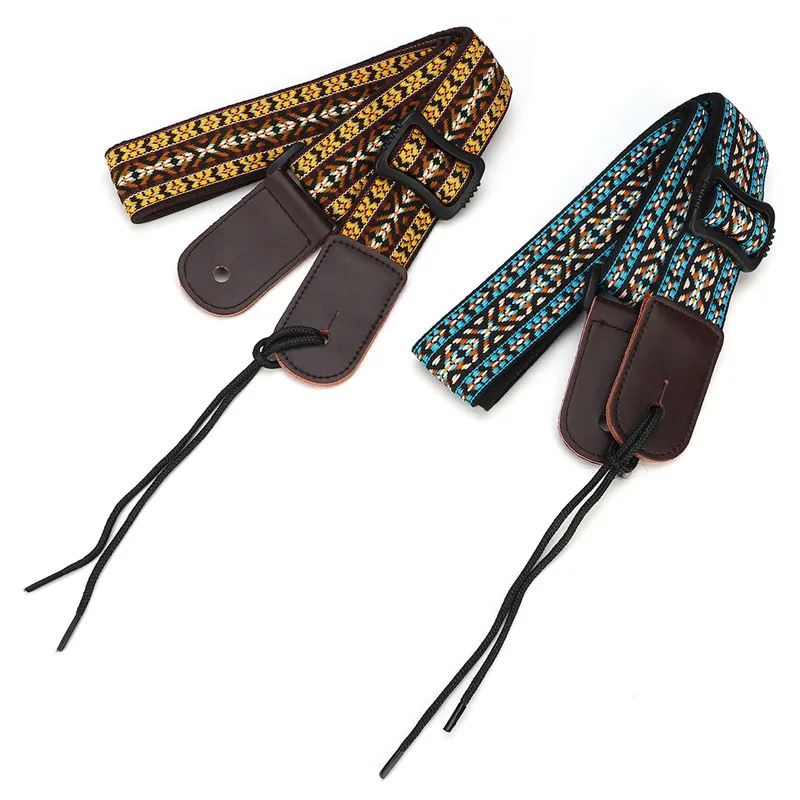 

Knitting Ethnic Breathable Slip-resistant Vintage Style Ukulele Guitar Strap Blue Yellow Buckle Design Accessories
