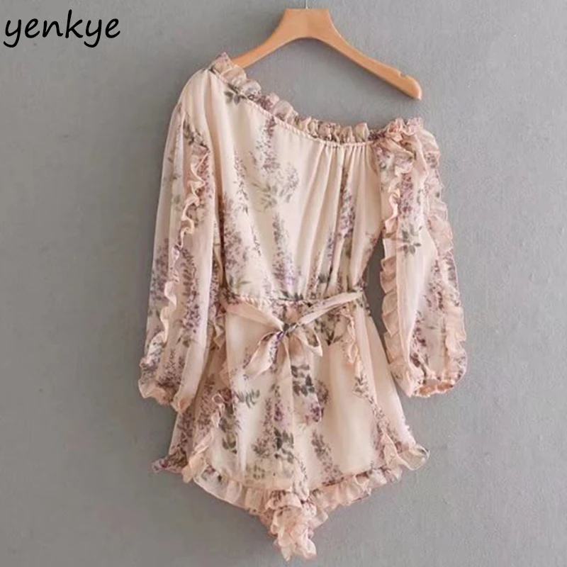 

Women Sexy Oblique Floral Jumpsuit Casual Long Sleeve With Belt Summer Boho Jumpsuits Short Playsuit OZZ8463