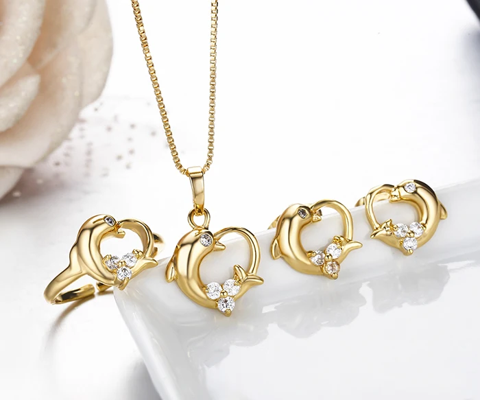 Children Girls Baby Kids Jewelry Sets Yellow Gold Color Dolphin Heart Charm Pendant Necklace Stud Earrings Ring Festa Jewellery