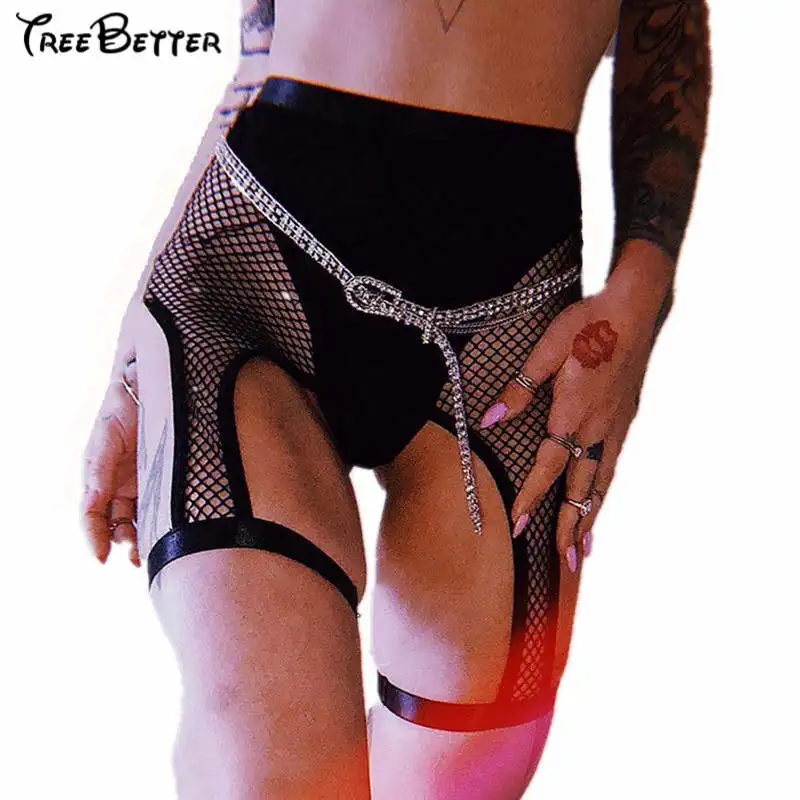 2018 hot winter women's wear new mesh stitching hollow sexy high waist bottom short Mesh Patchwork