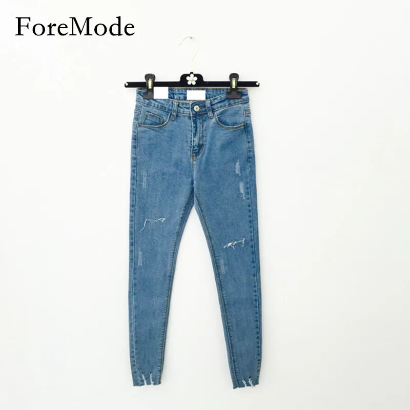 

2016 New Korean Knee Pants All-match Basic Scratch Jeans Elastic Thin Pencil Pants