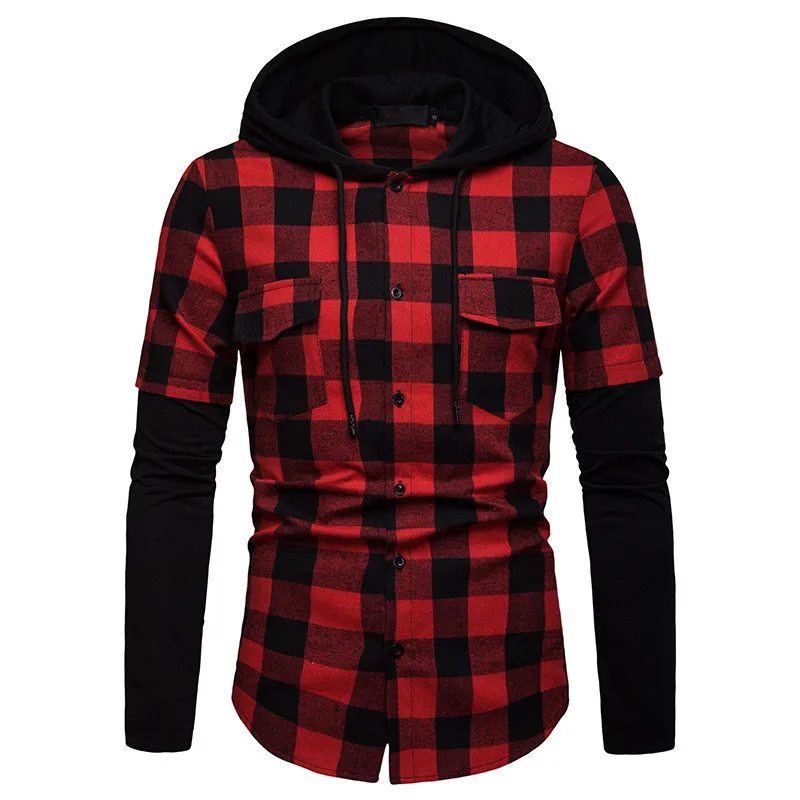 

Europe Size Fashion Men Plaid Large Size Hooded Shirts Casual Men's Cotton Long-sleeve Slim Shirt for Male Spring Summer
