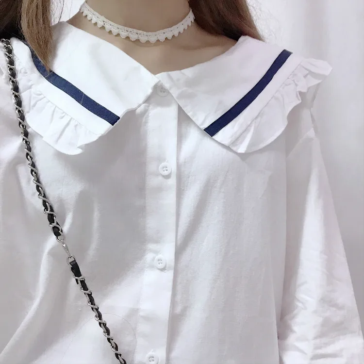 Милая женская однотонная блузка с милым матросским воротником, свободная рубашка с длинным рукавом, повседневные топы с оборками, Весенняя женская мода в Корейском стиле