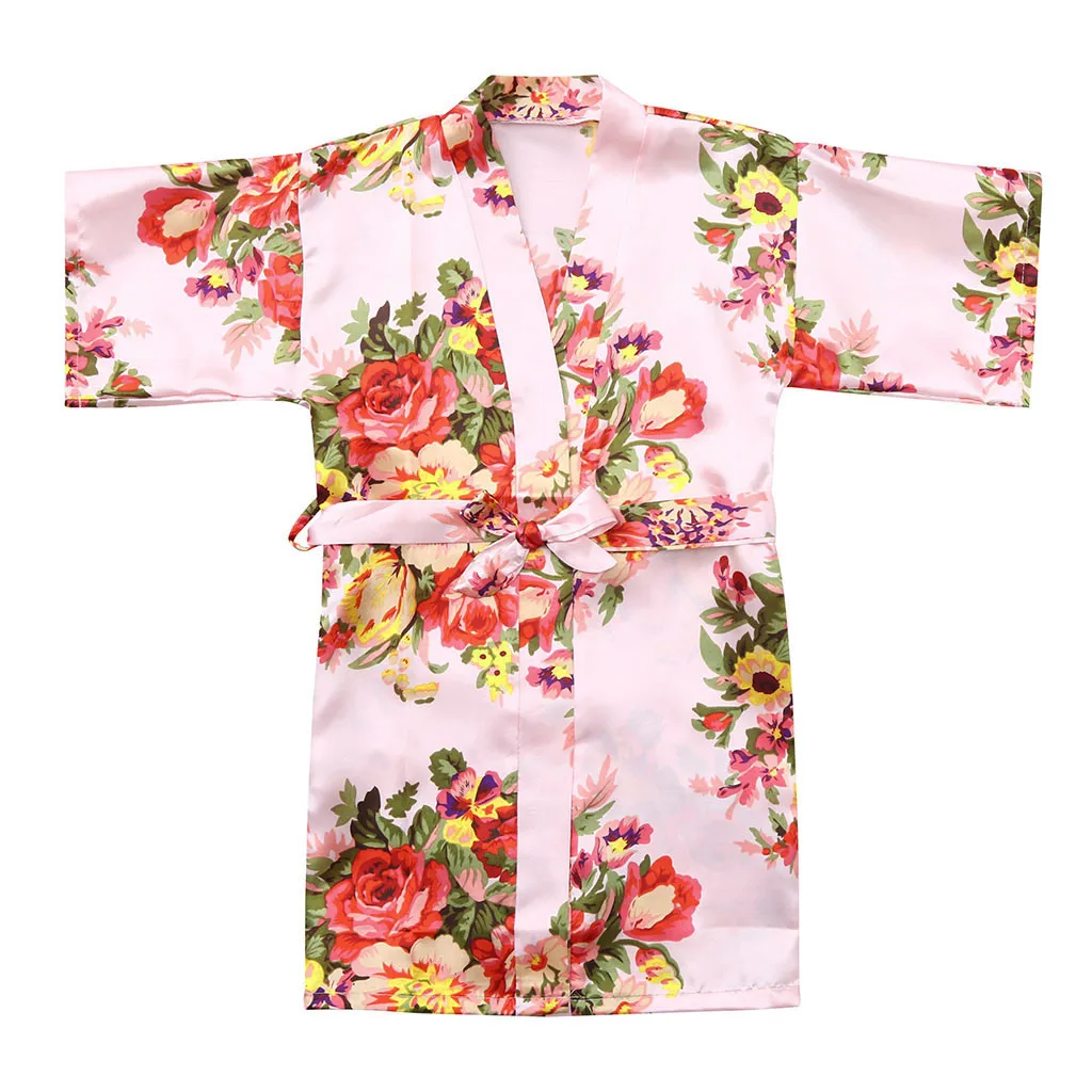 Детский банный халат, одежда для малышей Детская одежда для девочек с цветочным рисунком Шелковый атласное кимоно; наряд, одежда для сна, короткий рукав одежда для детей обоих полов, roupao infantil - Цвет: Pink