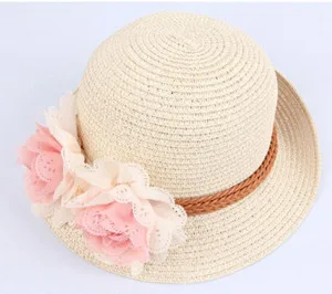 Летняя одежда для девочек детская соломенная шляпа Мода года большой колпачки в цветочном стиле маленькая шляпа защита от ультрафиолета, от Солнца защиты широкополая пляжная шляпа - Цвет: Бежевый