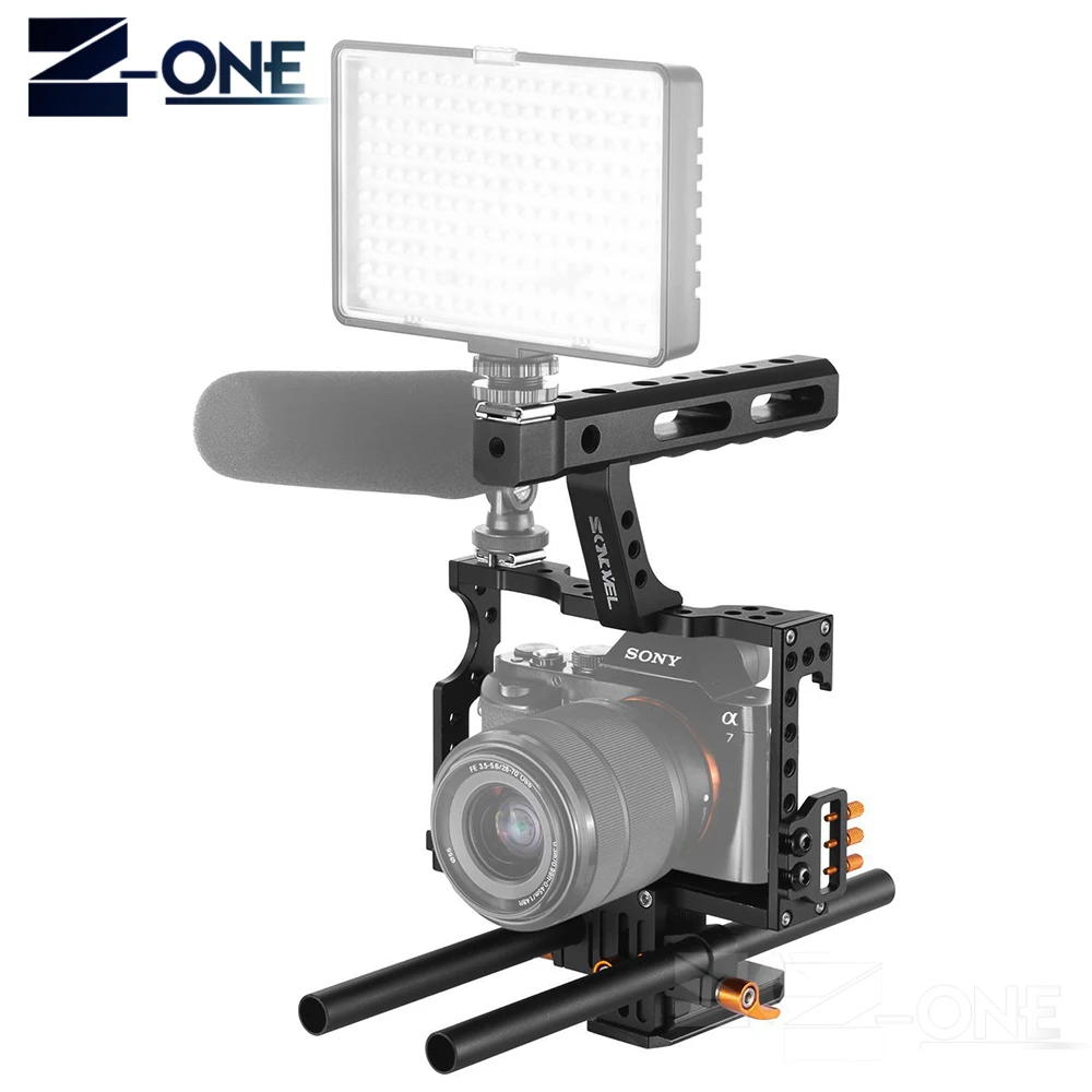 15mm Rod Rig DSLR Camera Video Cage Kit Stabilizer+Top Handle Grip+LED