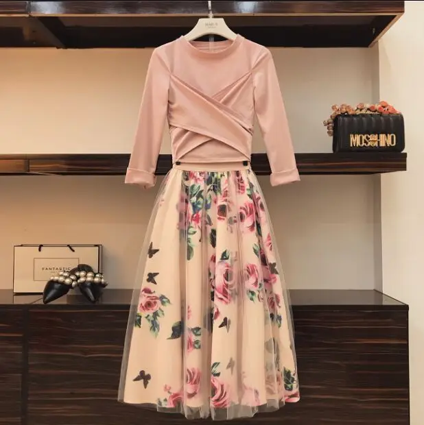 shirt Arc Pink Robes Cravate T Nouvelle D'été Imprimer noir Ensembles Sleeve pièces 2018 Croix Femmes Irrégulière Fille rose Fleur Jupe Mode Long Vintage Lady Deux xqYnwzHR