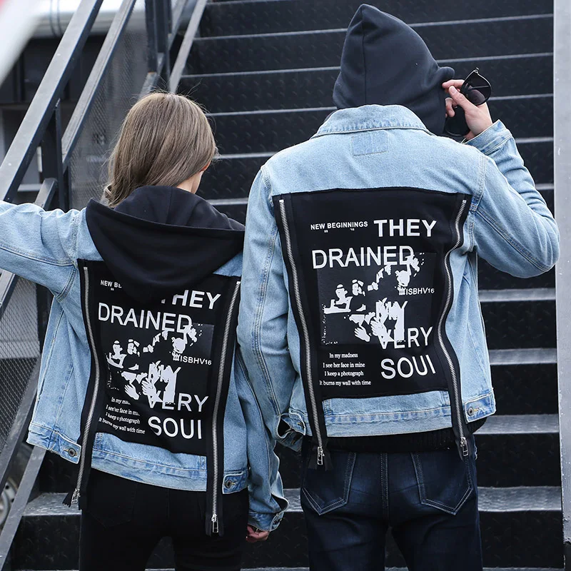 

Autumn High quality Denim Jacket Women 2018 Jeans Jacket Coat Casual Female or male bf printed graffiti hooded jacket loose