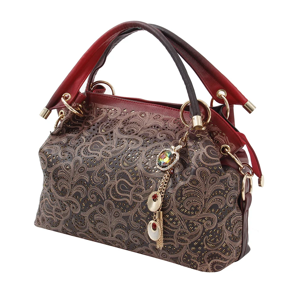 

brand women bag hollow out handbag floral print shoulder bags ladies pu leather tote bag