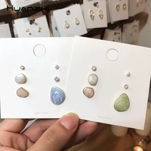 HUANZHI корейский S925 Серебряный цветной глазурь кристалл жемчуг неправильный овал шпильки Комплект сережек для женщин Девушка Вечерние подарки