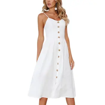 

2019 Sexy V Neck Backless Spaghetti Strap Dresses Summer Button Decoration Party Midi Beach Dress