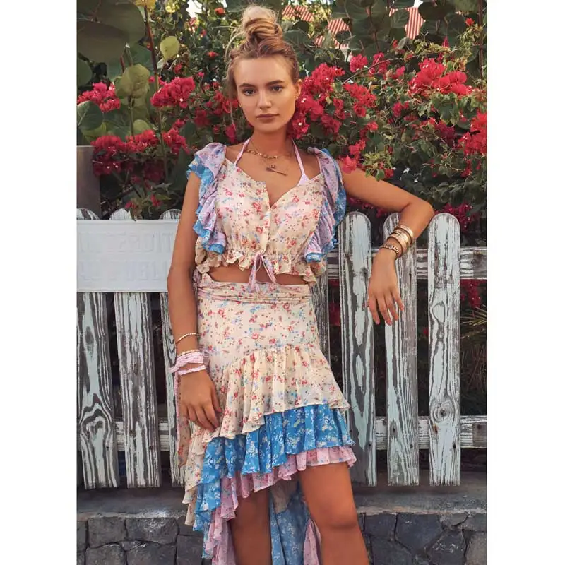 

Asymmetric Ruffled Skirt For Women Boho Style Floral Print Skirt Female High-low Hem Gypsy Sexy Vacation Skirt 2019 Summer