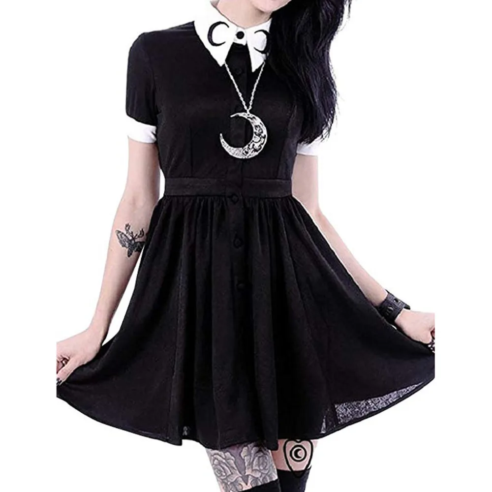 Women Moon Print Gothic Punk Slim Fit Black Button Down Short Sleeve Mini Dress 4.29