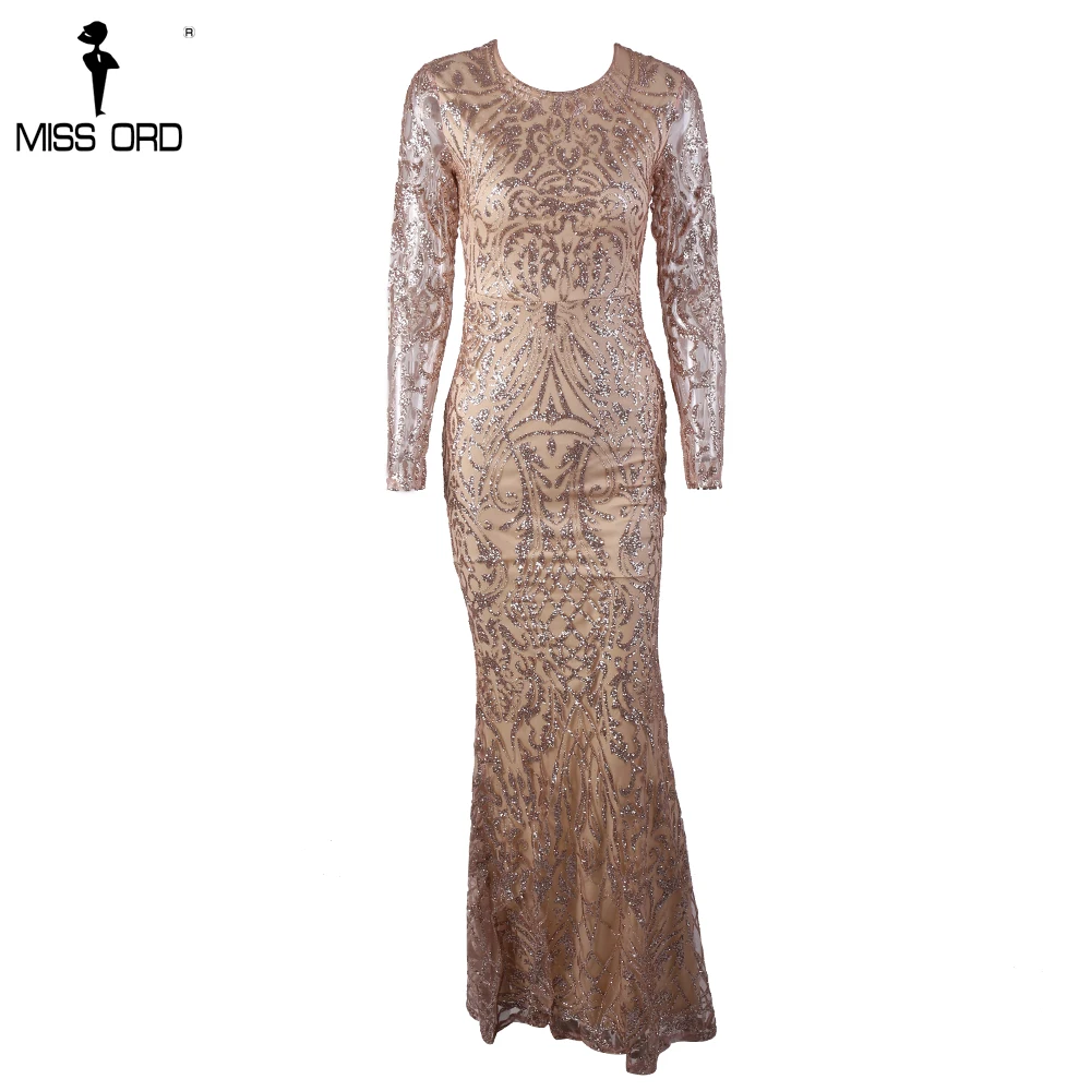 Missord Сексуальное Платье макси с круглым вырезом и длинным рукавом, блестящее платье FT8520-1