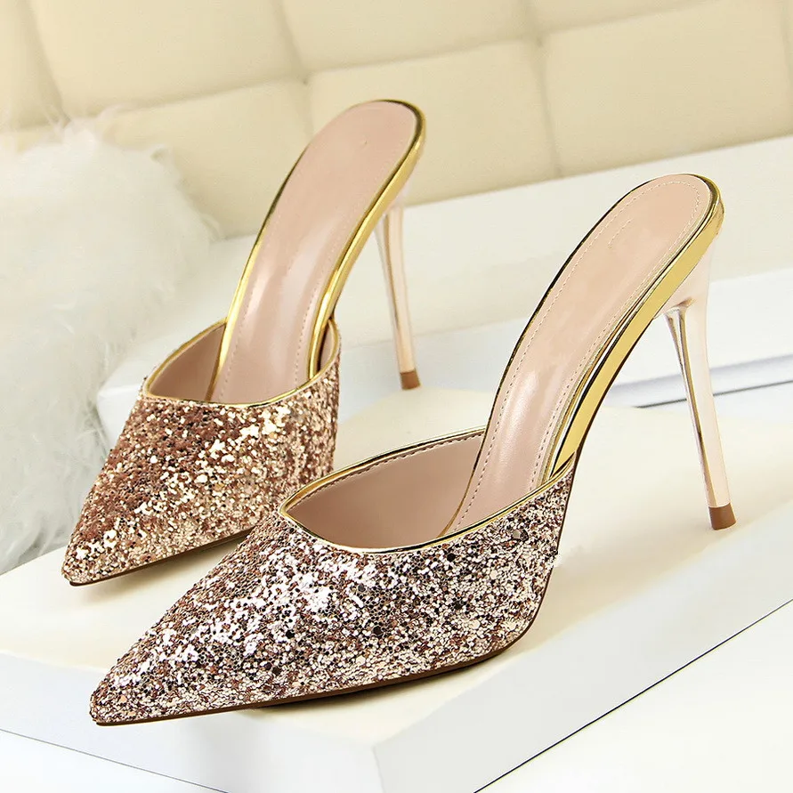 

Fashion New Women Sequin Cloth Pointed Toe Slippers Spike Thin Heels Lady Mature Shoes Black White Gold Slides Female DS-A0288