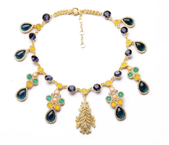 

Fashion Woman Wholesale Jewelry Shiny Gold Color Feather High Quality Gem Stone For Women Rhinestone Necklaces Accessory