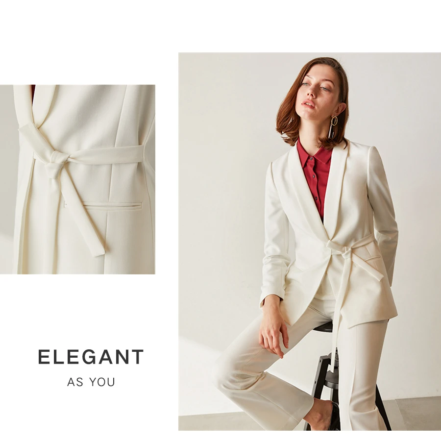 Белый пиджаки для женщин для костюм зубчатый одежда с длинным рукавом Пояса Скрытая модель дамы офисная Mujer Весна 2019 Новая мода
