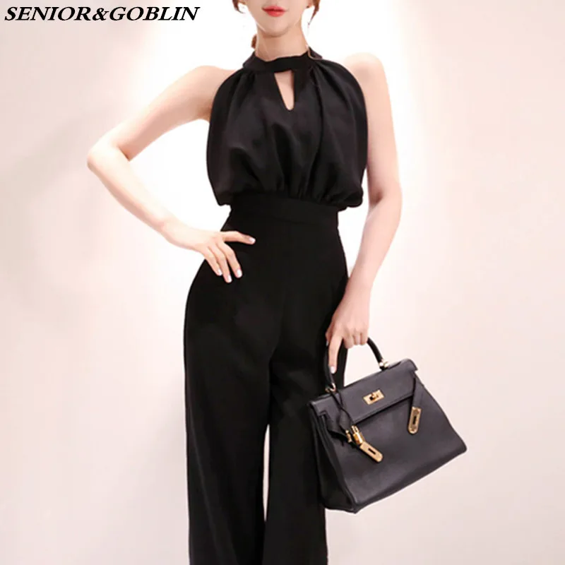 

womens one piece clothes black romper woman Halt Top sleeveless high waist long pants summer jumpsuit 2019
