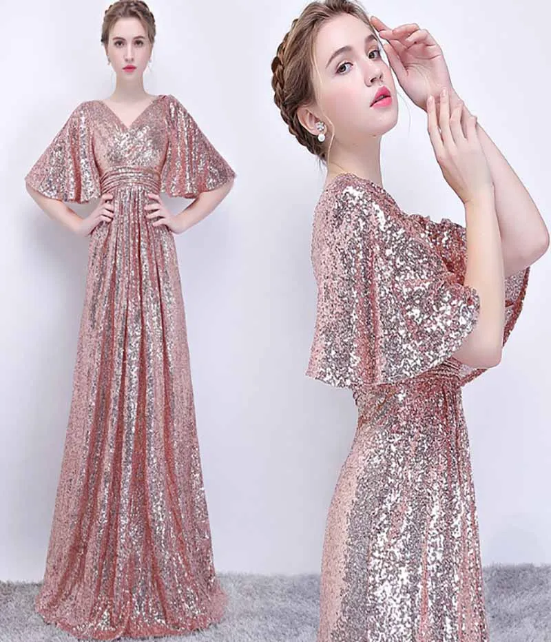

Champagne V Neck Sequins Large Size 5XL Evening Formal Dress Flare Sleeve Long Luxury Party Dress Red Carpet Ball Gown For Women