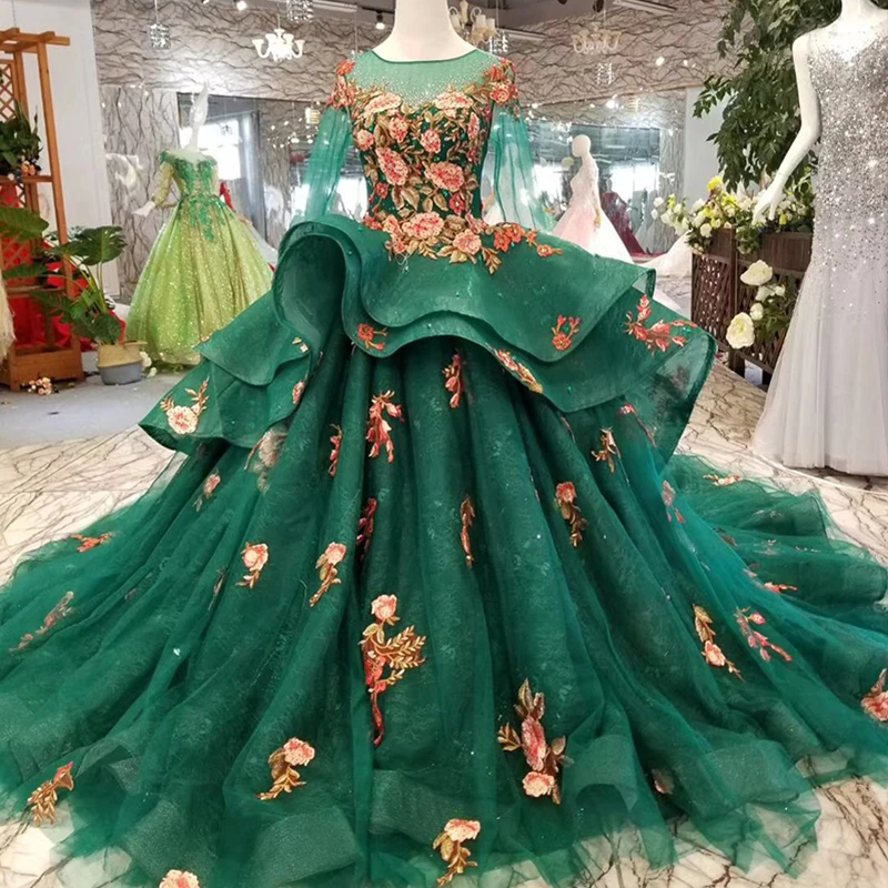 LSS143 Зеленые Вечерние платья кружевные цветные цветы с круглым вырезом вечернее платье длинные 100 см поезд выпускные платья, дамы больше слоев