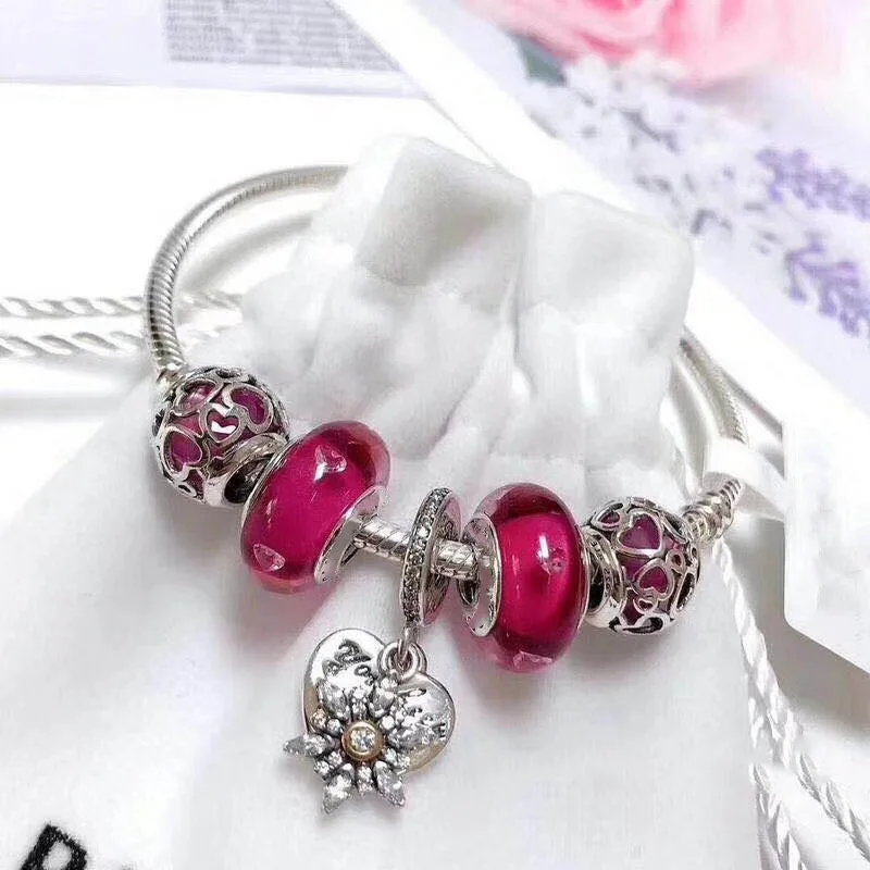 

Fits Pandora Jewelry Charm DIY Ladies Party Gift Sterling Silver 925 Love Snowflake Bead Snake Bone Chain Red Bracelet