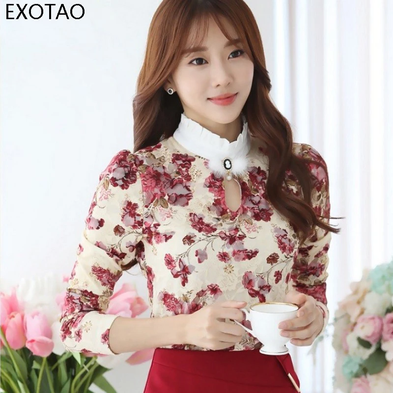 EXOTAO Fashion Lotus Leaf OL Women Blouse Slim Printing Camisas Mujer S-3XL Korean Style Long-sleeved Female Lace Shirt |