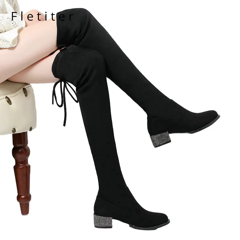 

Fletiter Slim Sexy Over The Knee High Suede Crystal Women Snow Boots Crystal Women's Fashion Winter Thigh High Boots Shoes Woman