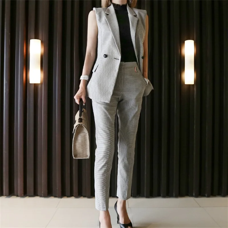 Elegant Female Sets Outfits Spring Autumn Slim Plaid Vest and Pant 2