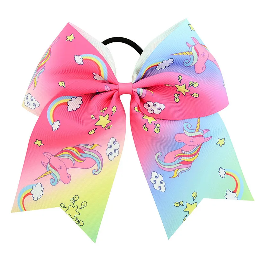 

7 Inch Hair Bow Unicorn Cheerleader Ribbon 12PC Large Colourful Bows Tie With Elastic Band Hair Rope For Teens Girls