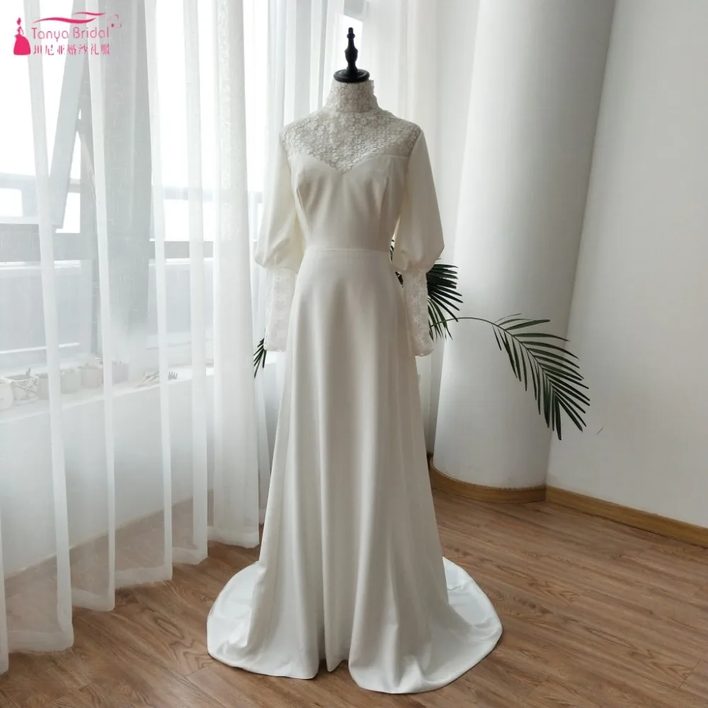 Свадебные платья с высоким воротником и длинным рукавом, кружевные мягкие атласные элегантные мусульманские простые свадебные платья, Зимняя мода, халат de soiree ZW123