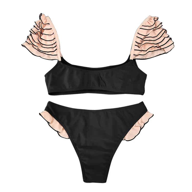 

Bikinis Set Women Solid Swimwear Sexy Halter Smocking Shoulder Swimsuit 2019 New Girl Beach Bathing Suit Black White Pink bikini