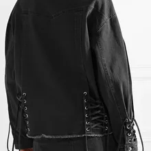 Осень/Зима, Женская/женская темно-серая джинсовая куртка деним, верхняя одежда с бахромой, подол и Люверсы с шнурками