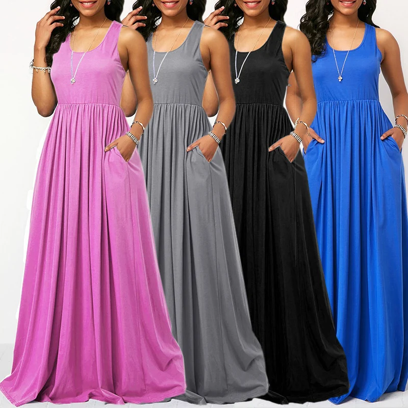Popular New Womens Sleeveless Solid Crew Neck Pockets Maxi Vest Dress Ladies Summer Casual Holiday Beach Sundress Four Color