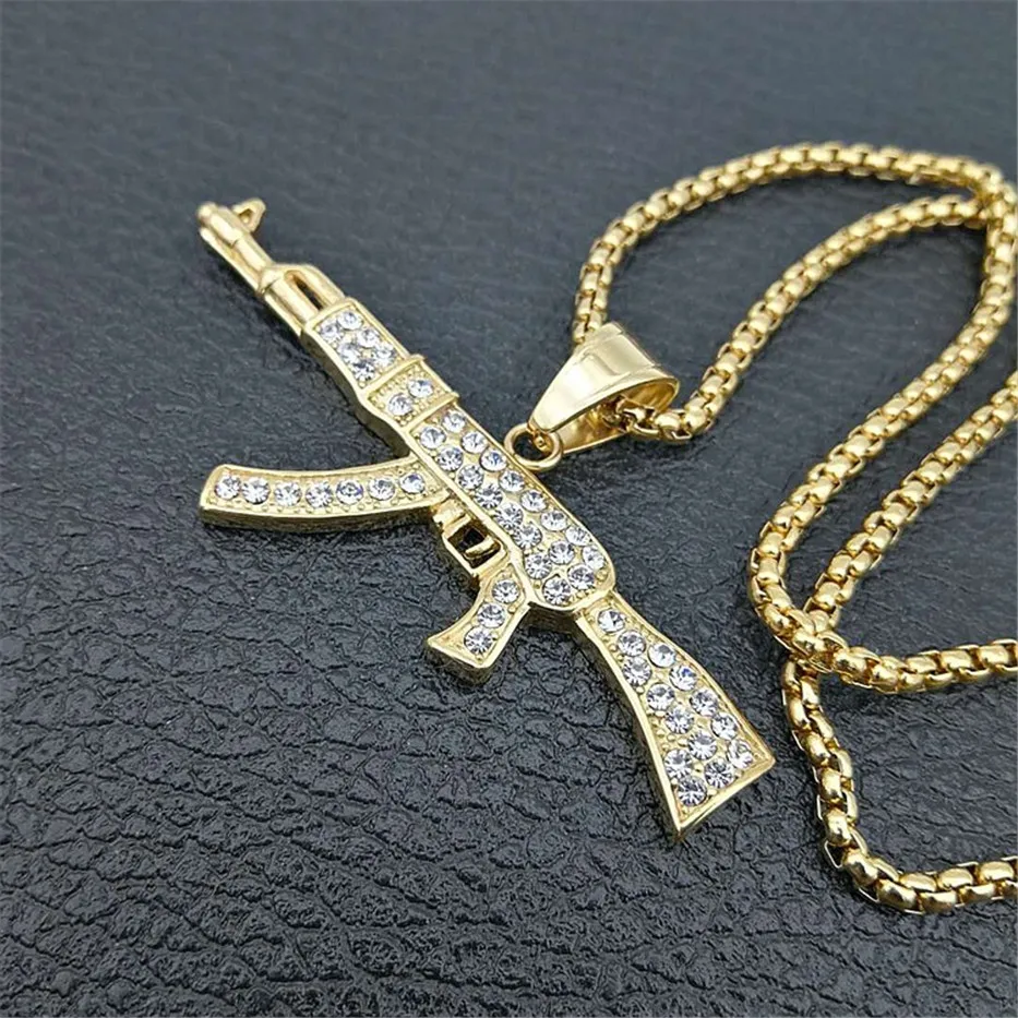 Хип хоп Iced Out Bling Стразы Ak47 пистолет Подвески Ожерелья золотой цвет нержавеющая
