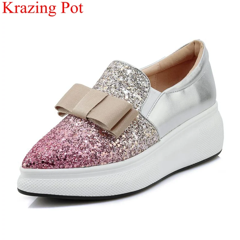 

2018 fashion bling butterfly-knot platform loafers female sneakers pointed toe slip on mixed colors women vulcanized Shoes L9f1