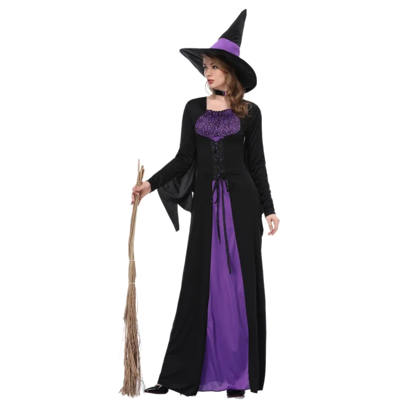 

Female Halloween Witch Plus Size Long Dress Cosplay Costume Autumn Winter Party Dresses with Bib And hat 1 set 2018
