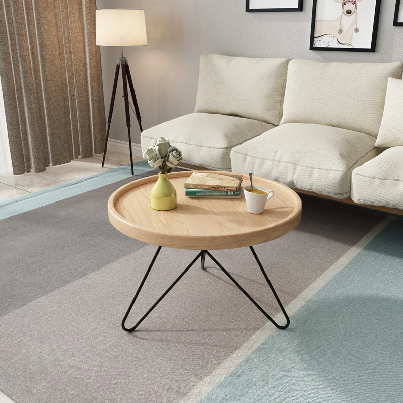 Solid Wood Coffee Table Metal Round End Table for Living Room Side Table