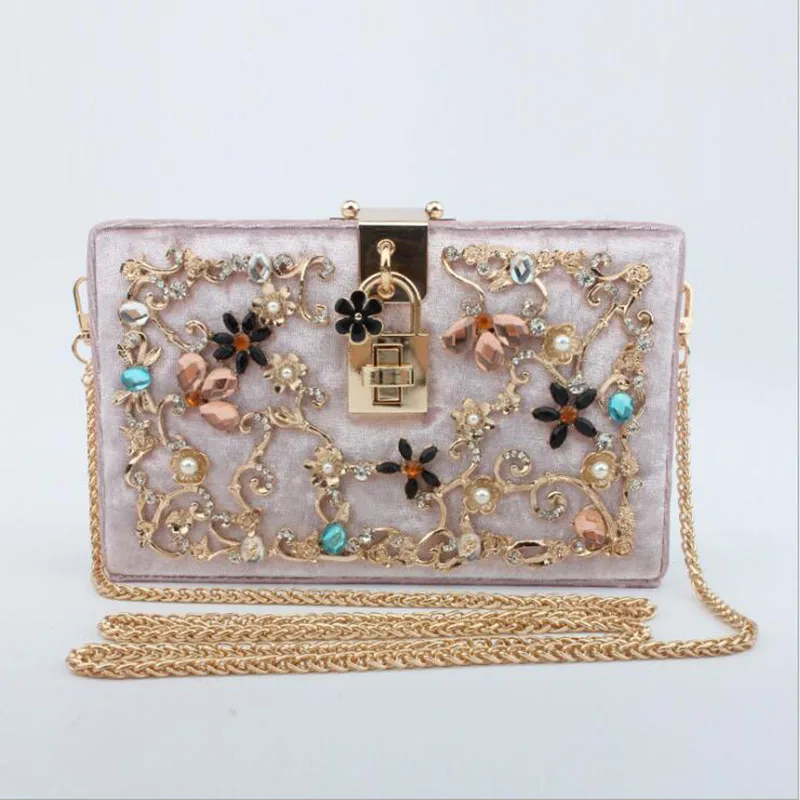 

Prom evening bag diamond flowers hollow relief Acrylic Ballot lock luxury handbag Party Clutches Female Ladies Shoulder bag