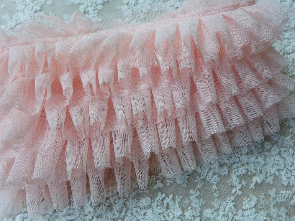 5 Layeres Pink Ruffles Lace Trim Tulle Mesh Lace Fabric Trim For Sewing
