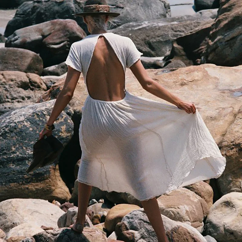 

2019 summer quality cross-border solid color backless long-explosive bohemian short-sleeved dress