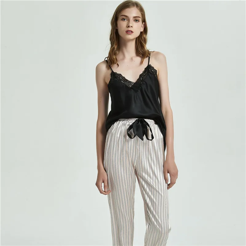 

Women Pajamas Female Sexy Lingerie Set Sleepwear Lace Sling Top and Striped Long Trousers Homewear Suit Female Outfit Nightwear