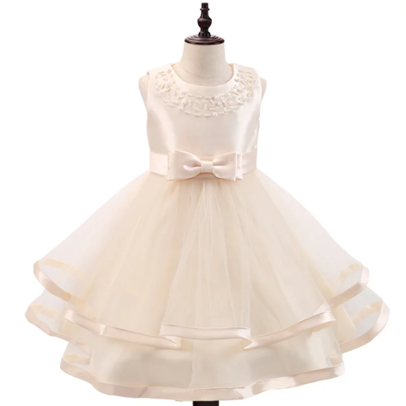 

2019 Summer Cotton Mesh Princess Tutu Dress Bow Ruffle Cake Dress Flower Girl Dress Elegant Beaded Dress