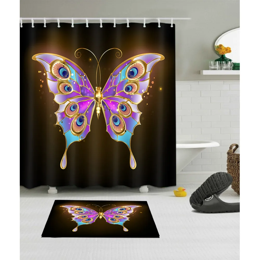 

LB 72''Gold Turquoise Colorful Butterfly Black Shower Curtains Bathroom Curtain Fabric Polyester With Mat Set for Bathtub Decor