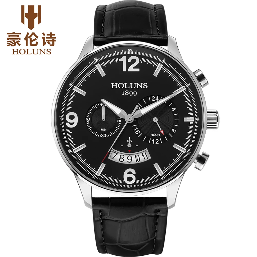 

HOLUNS Men's Leather Strap Watch 24 Hour Quartz Watches Casual Wristwatch Male Waterproof Luxury Round Glass Dial Gift